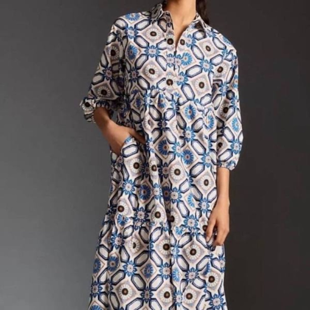 Anthropologie Blue and White Patterned Maxi Dress
